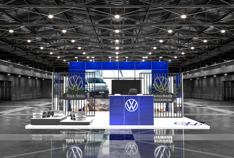 Nowoczesne stoisko wystawiennicze zrealizowane przez Clever Frame dla marki Volkswagen - projekt z podświetlaną ladą eventową i podestami do ekspozycji produktów