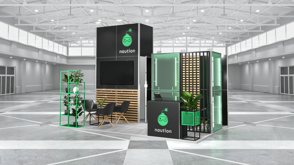 Zielone, technologiczne, małe stoisko targowe - projekt Clever Frame