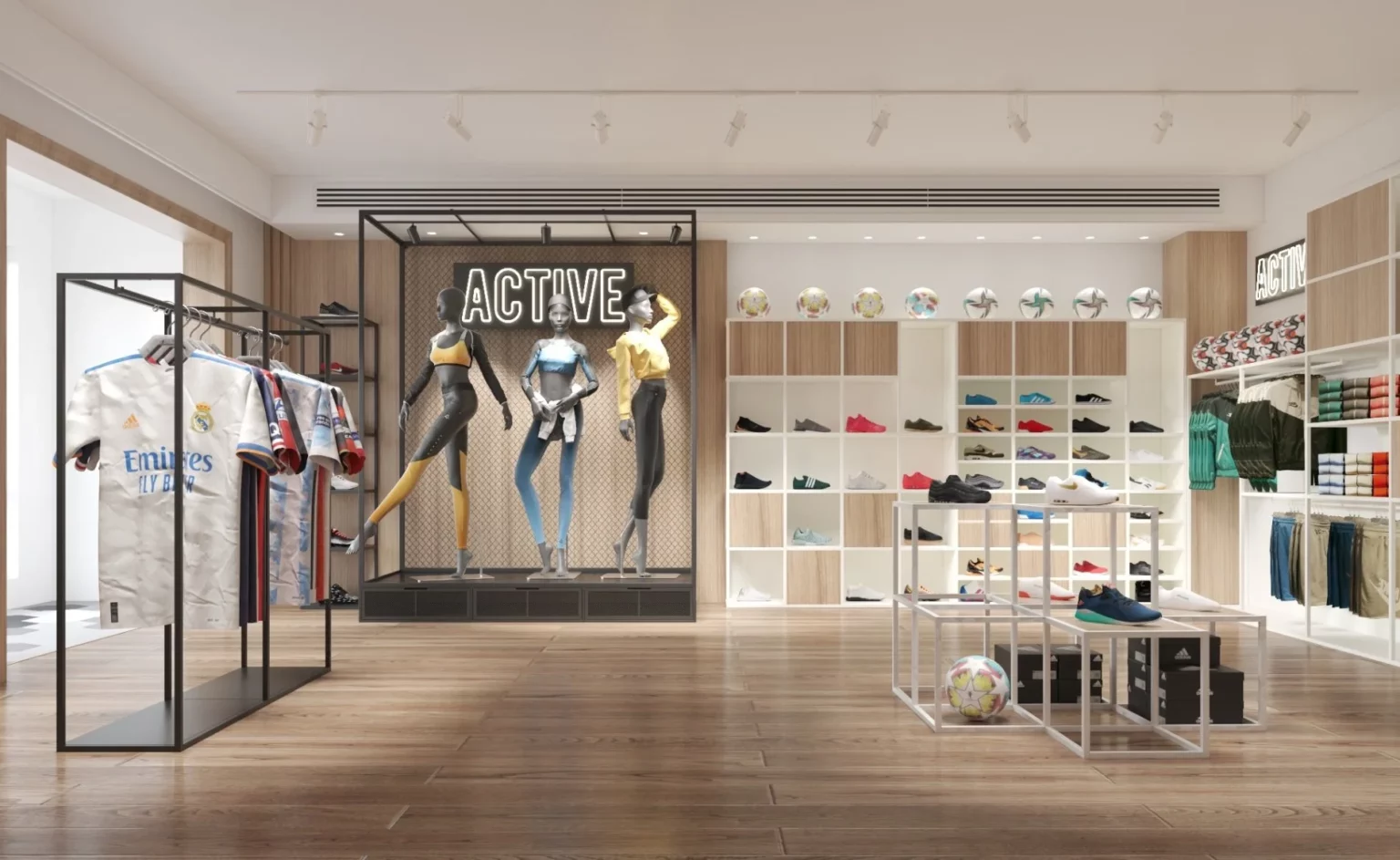 Meble sklepowe i system ekspozycyjny sklepu sportowego projekt Clever Frame