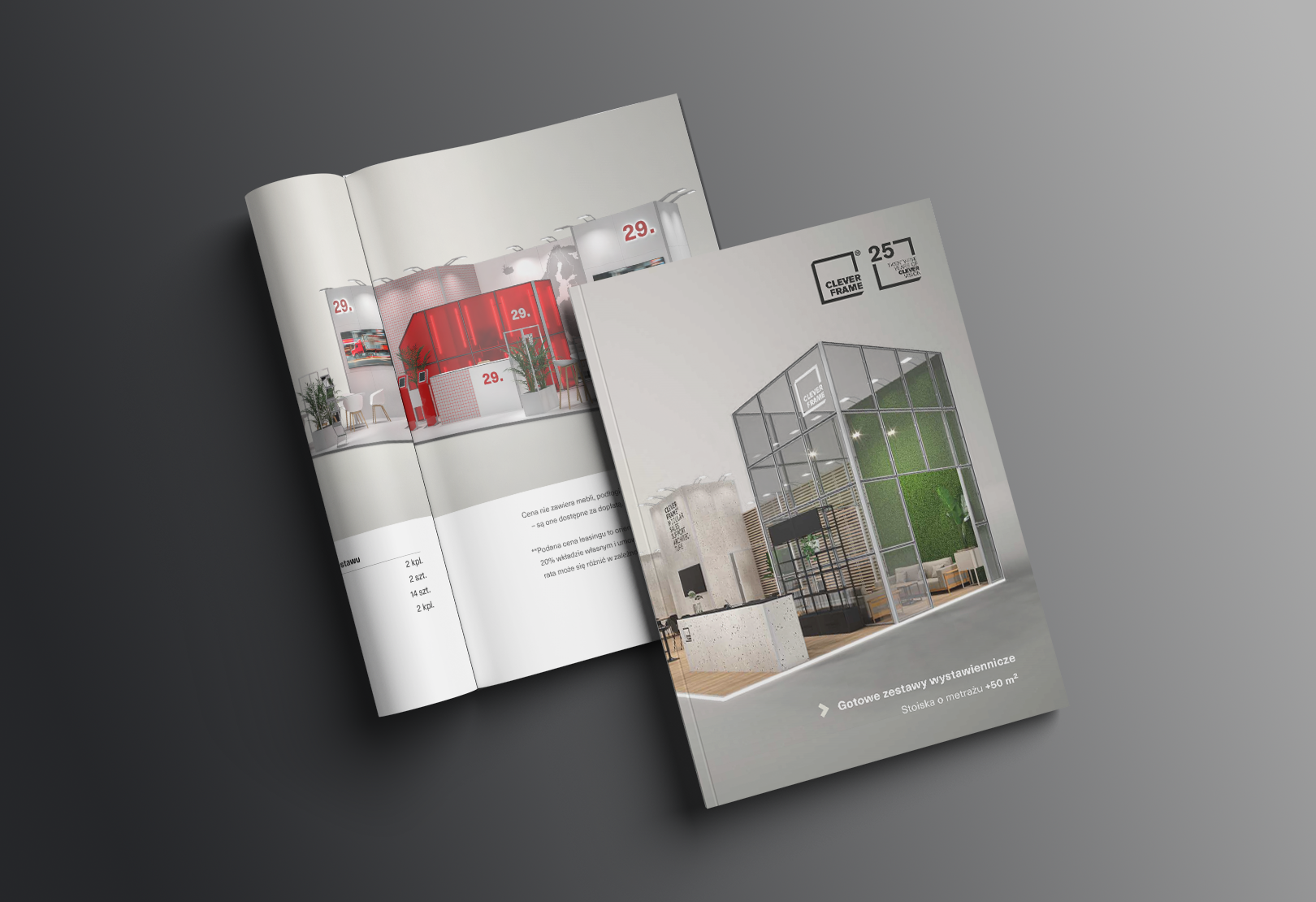 Katalog PDF – gotowe zestawy stoisk targowych +50 m² – Clever Frame