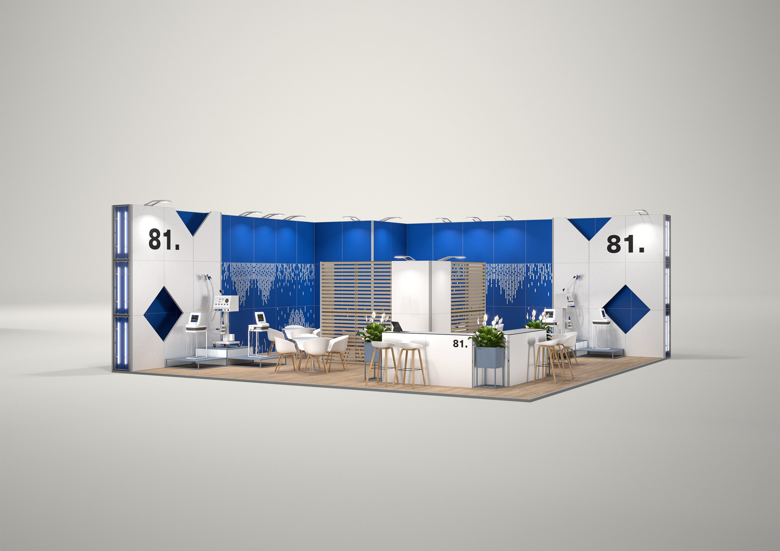 Stoisko targowe narożne 10x10m (100m²) – stoisko narożne z podświetleniem