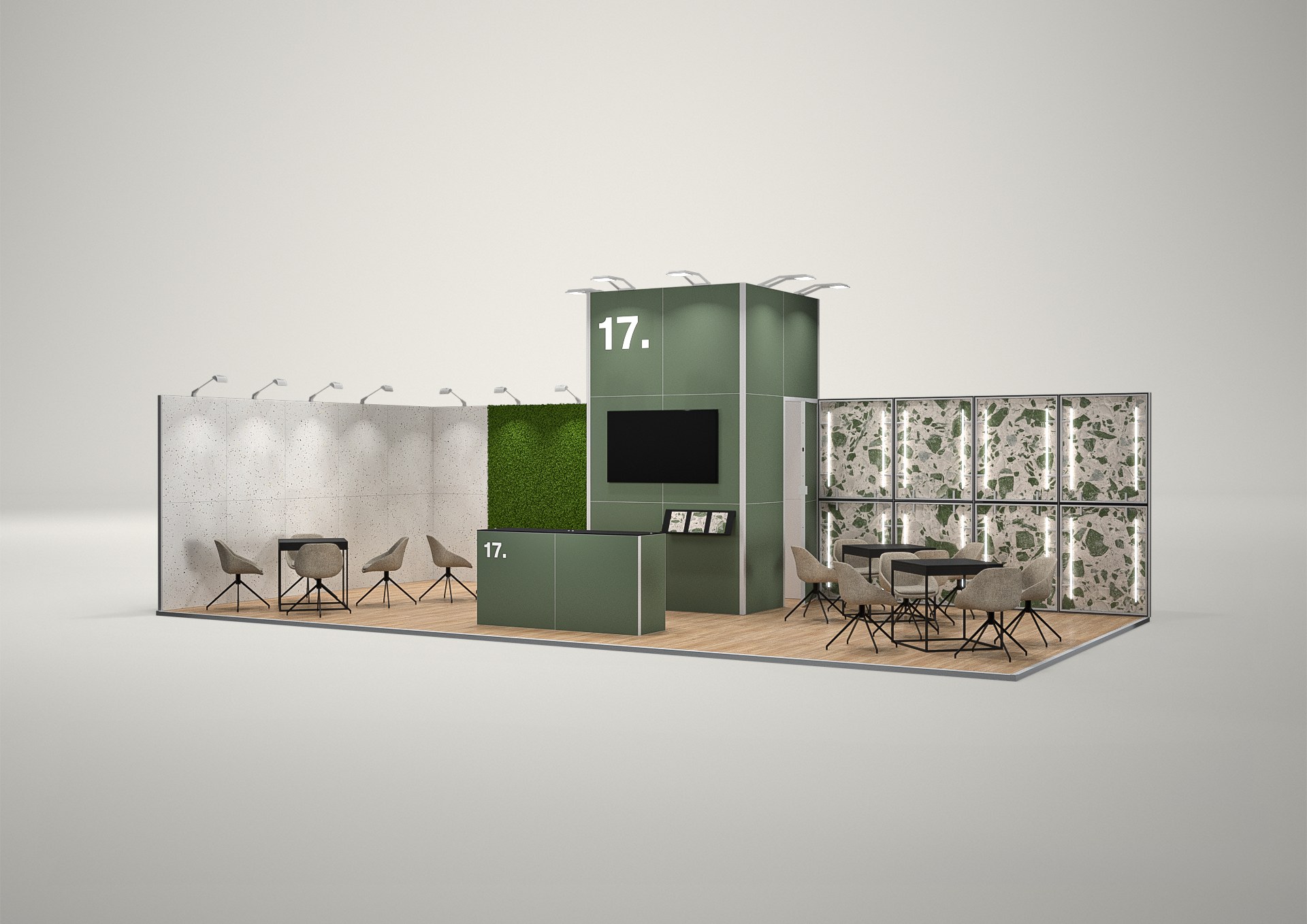 Stoisko targowe narożne 10x5m (50m²) – narożna zabudowa targowa z grafiką
