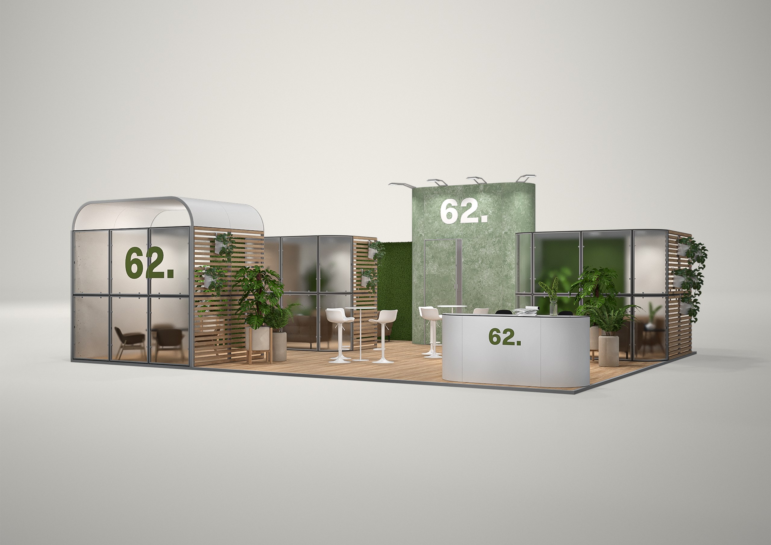 Stoisko targowe narożne 10x8m (80m²) – narożny projekt z ladą i zapleczem