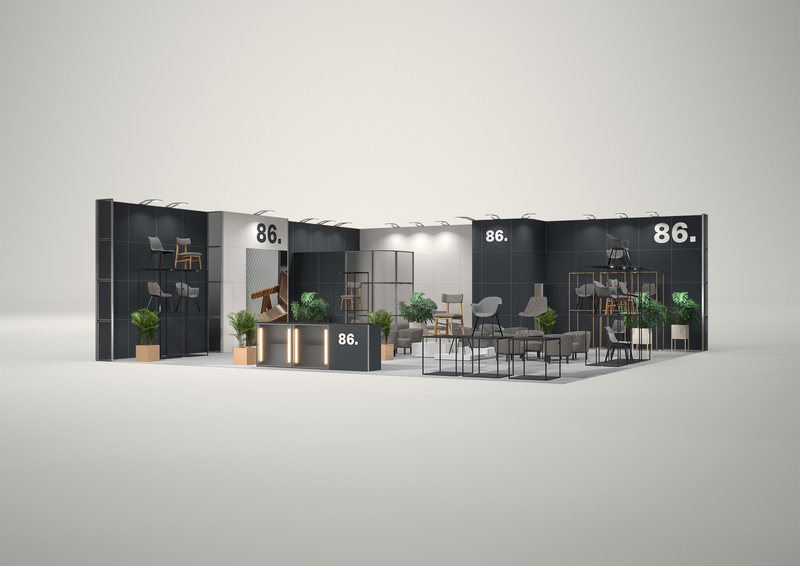 Stoisko targowe narożne 12x12m (144m²) – narożna zabudowa targowa z grafiką
