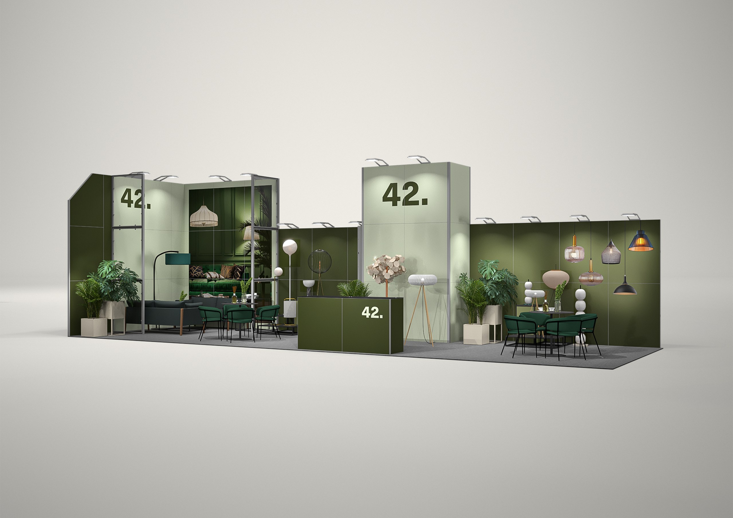 Stoisko targowe narożne 12x4m (48m²) – narożny projekt z ladą i zapleczem