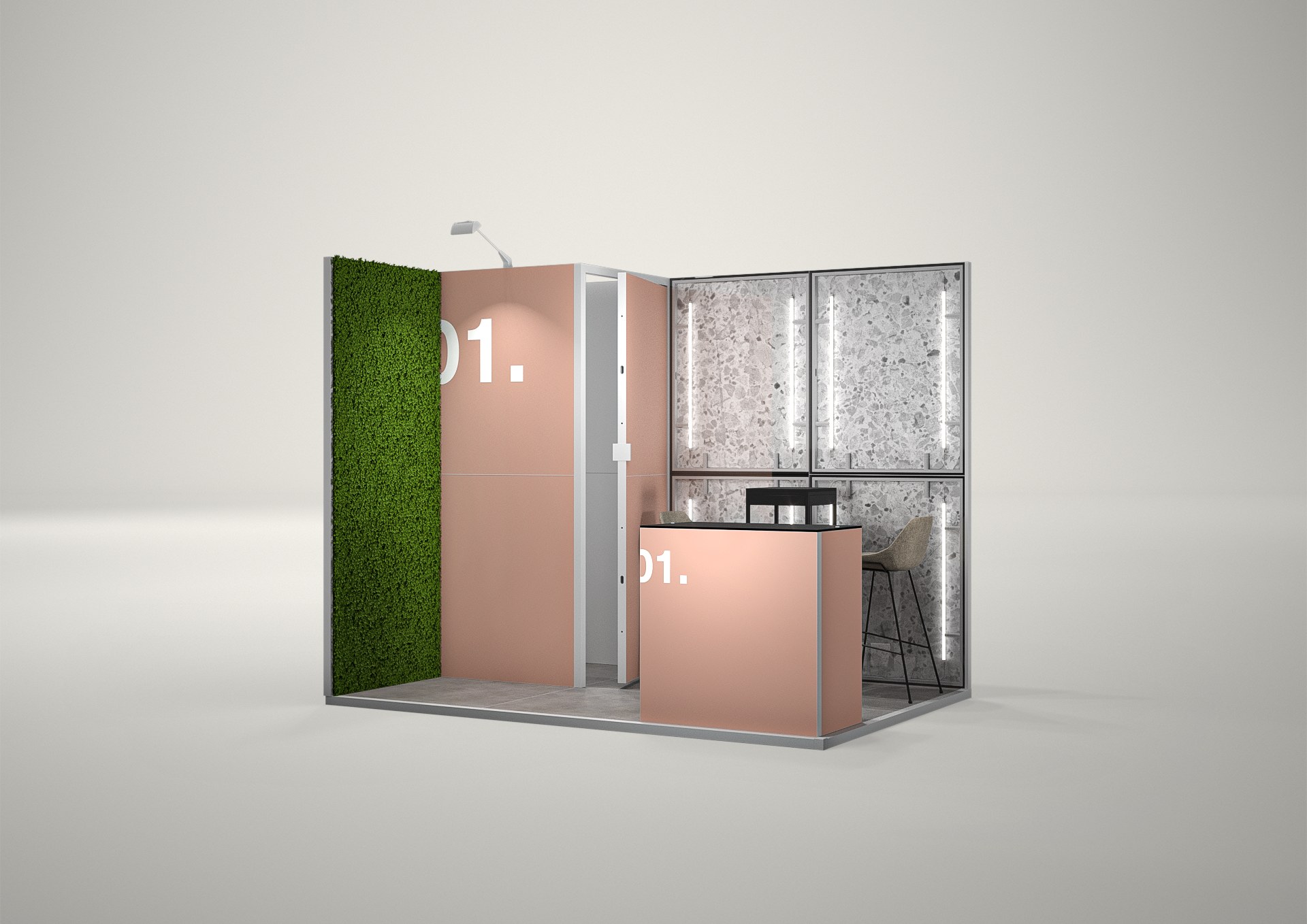 Stoisko targowe narożne 3x2m (6m²) – narożny projekt z ladą i zapleczem
