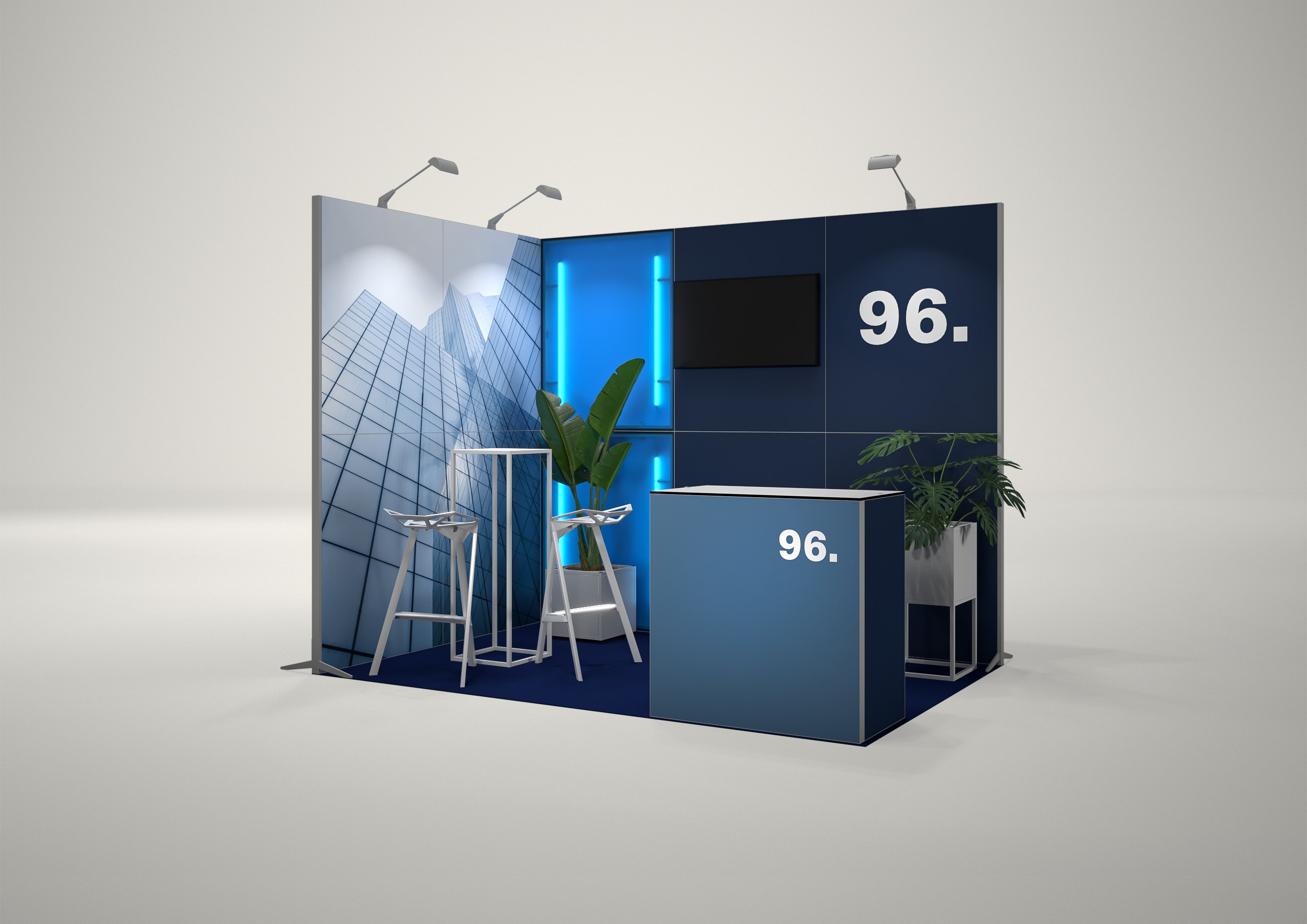 Stoisko targowe narożne 3x2m (6m²) – narożna zabudowa targowa z grafiką