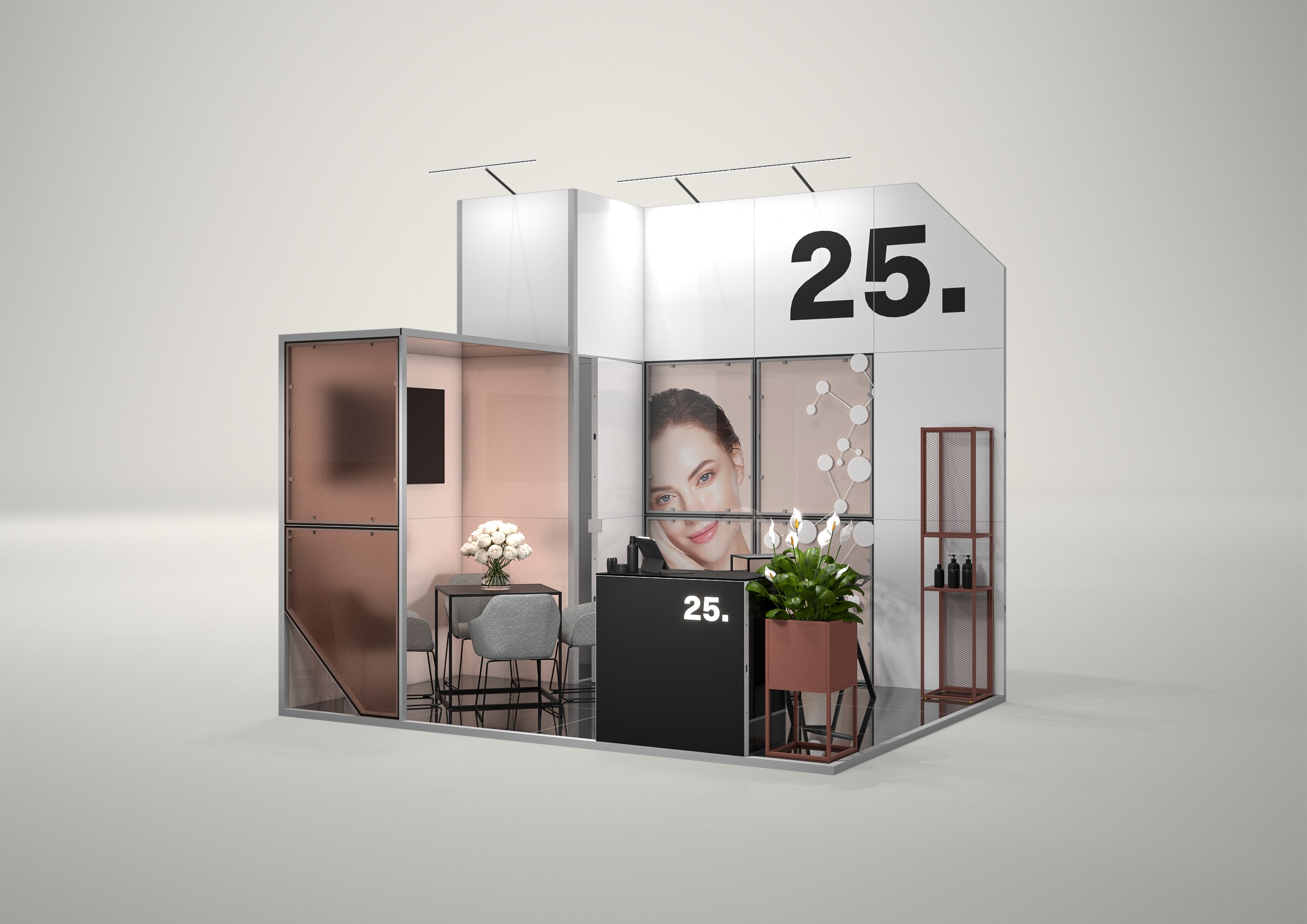 Stoisko targowe narożne 4x3m (12m²) – narożna zabudowa targowa z grafiką