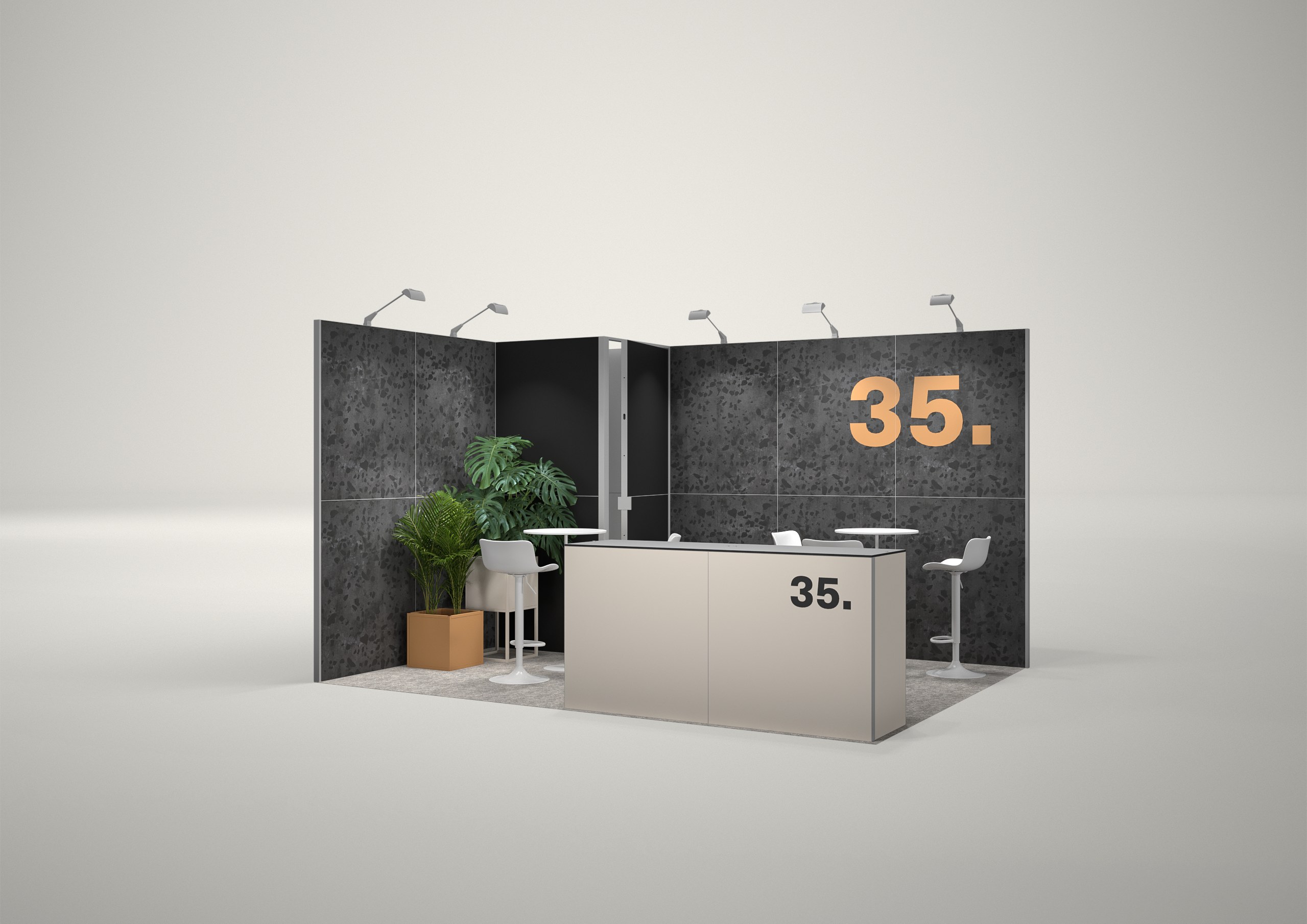 Stoisko targowe narożne 4x3m (12m²) – kompaktowy projekt narożny