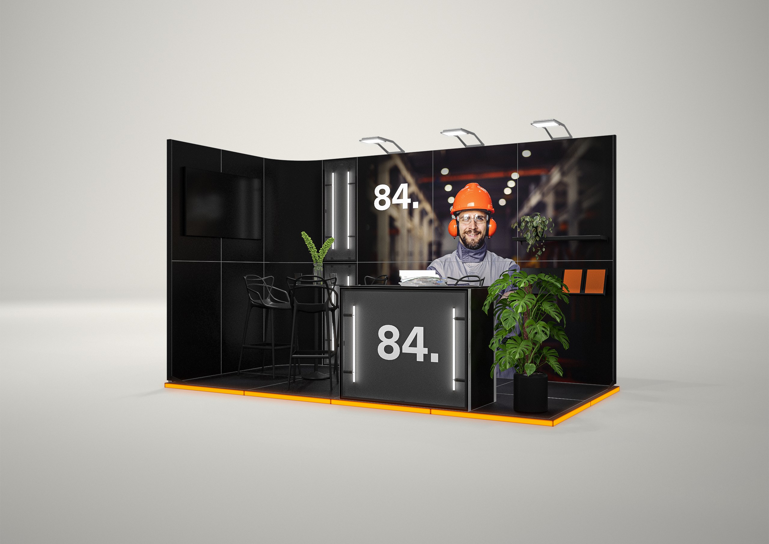 Stoisko targowe narożne 4x3m (12m²) – projekt z zabudową narożną