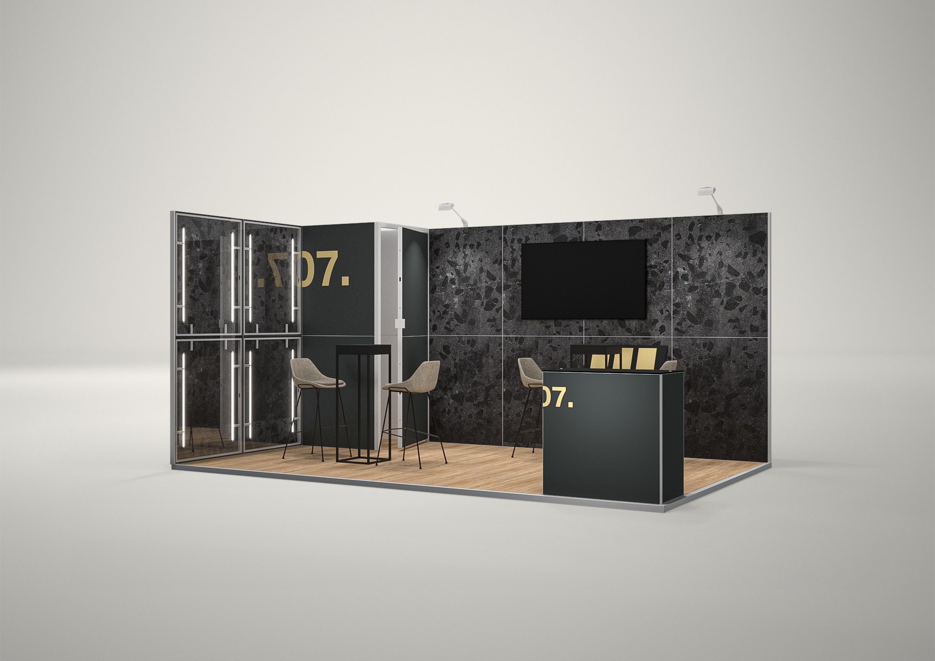 Stoisko targowe narożne 5x3m (15m²) – narożna zabudowa targowa z grafiką