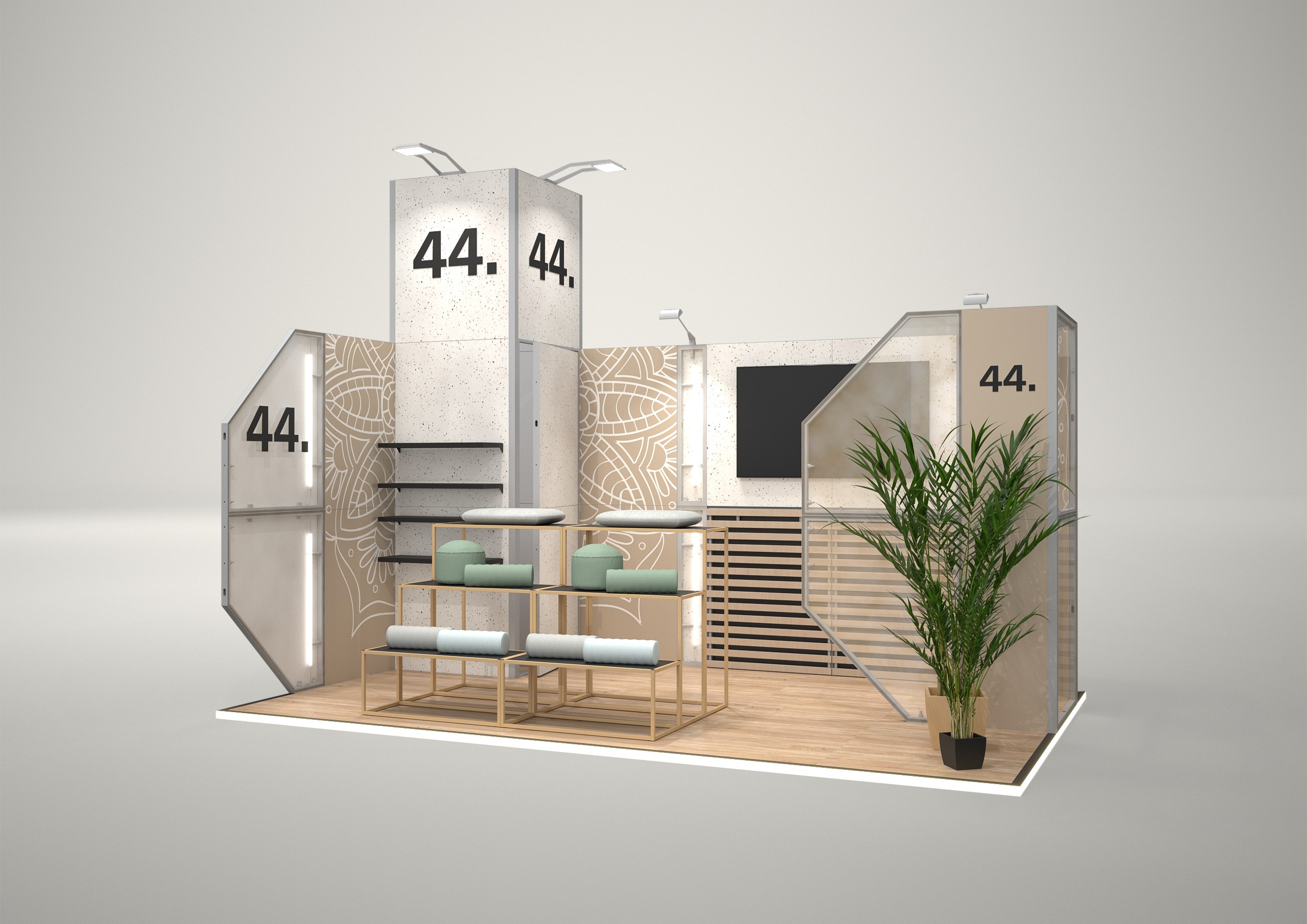 Stoisko targowe narożne 5x3m (15m²) – projekt z zabudową narożną