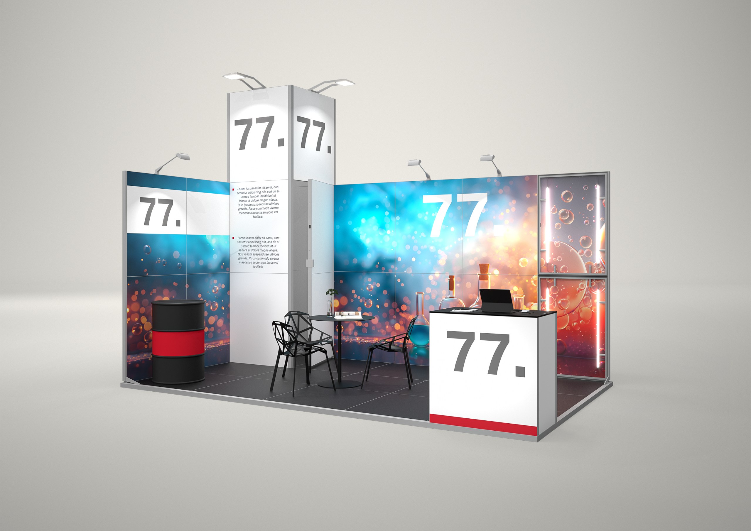 Stoisko targowe narożne 5x3m (15m²) – narożna zabudowa targowa z grafiką