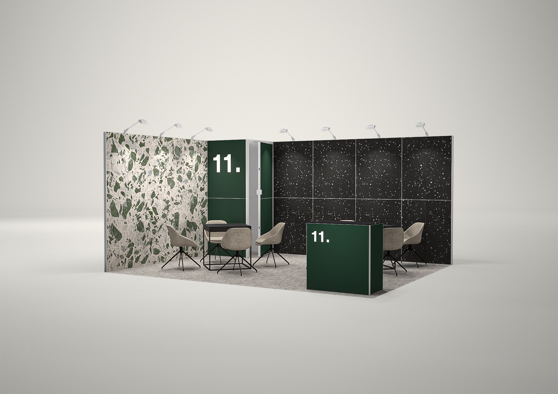 Stoisko targowe narożne 5x4m (20m²) – projekt z zabudową narożną