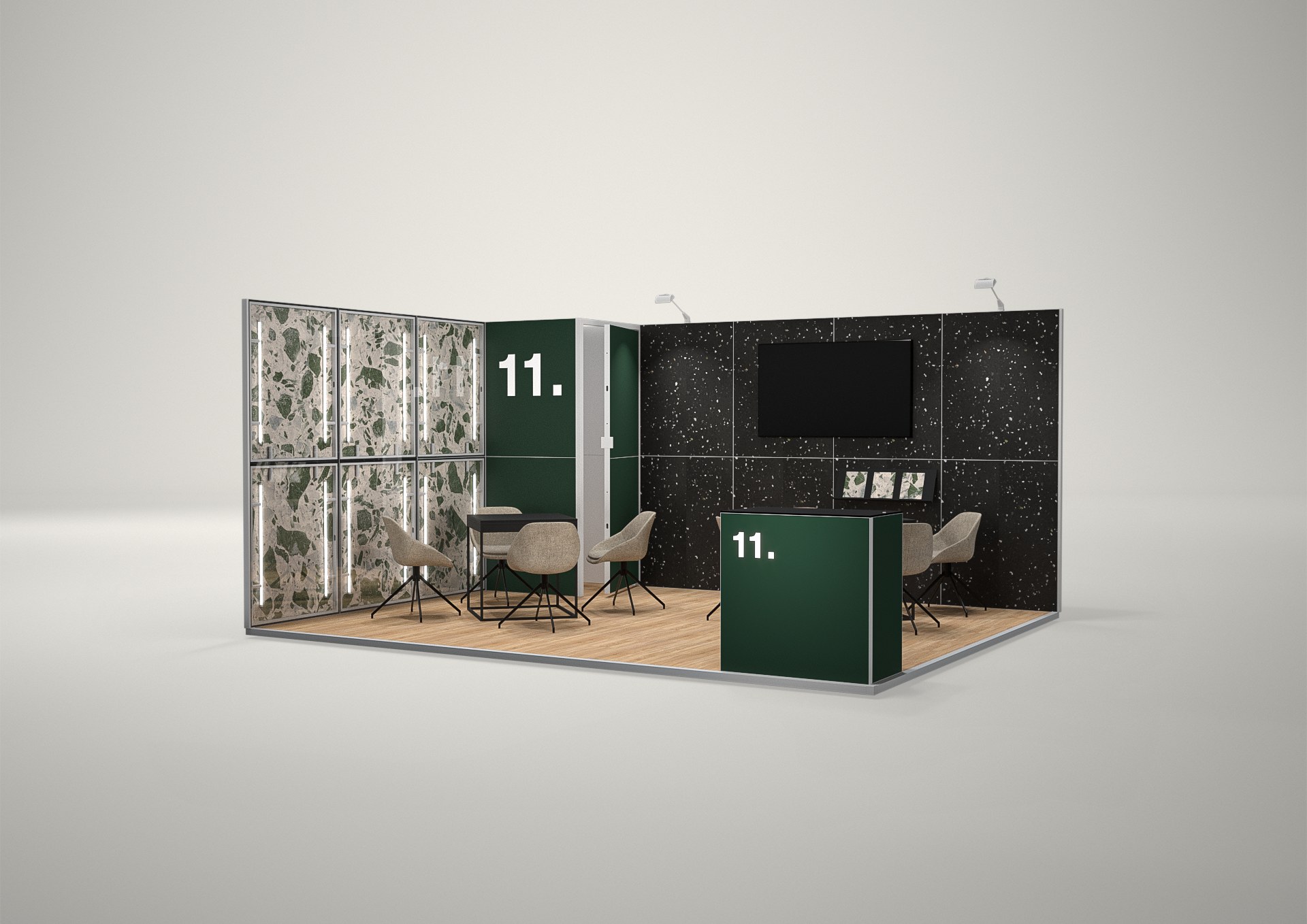 Stoisko targowe narożne 5x4m (20m²) – narożny projekt z ladą i zapleczem