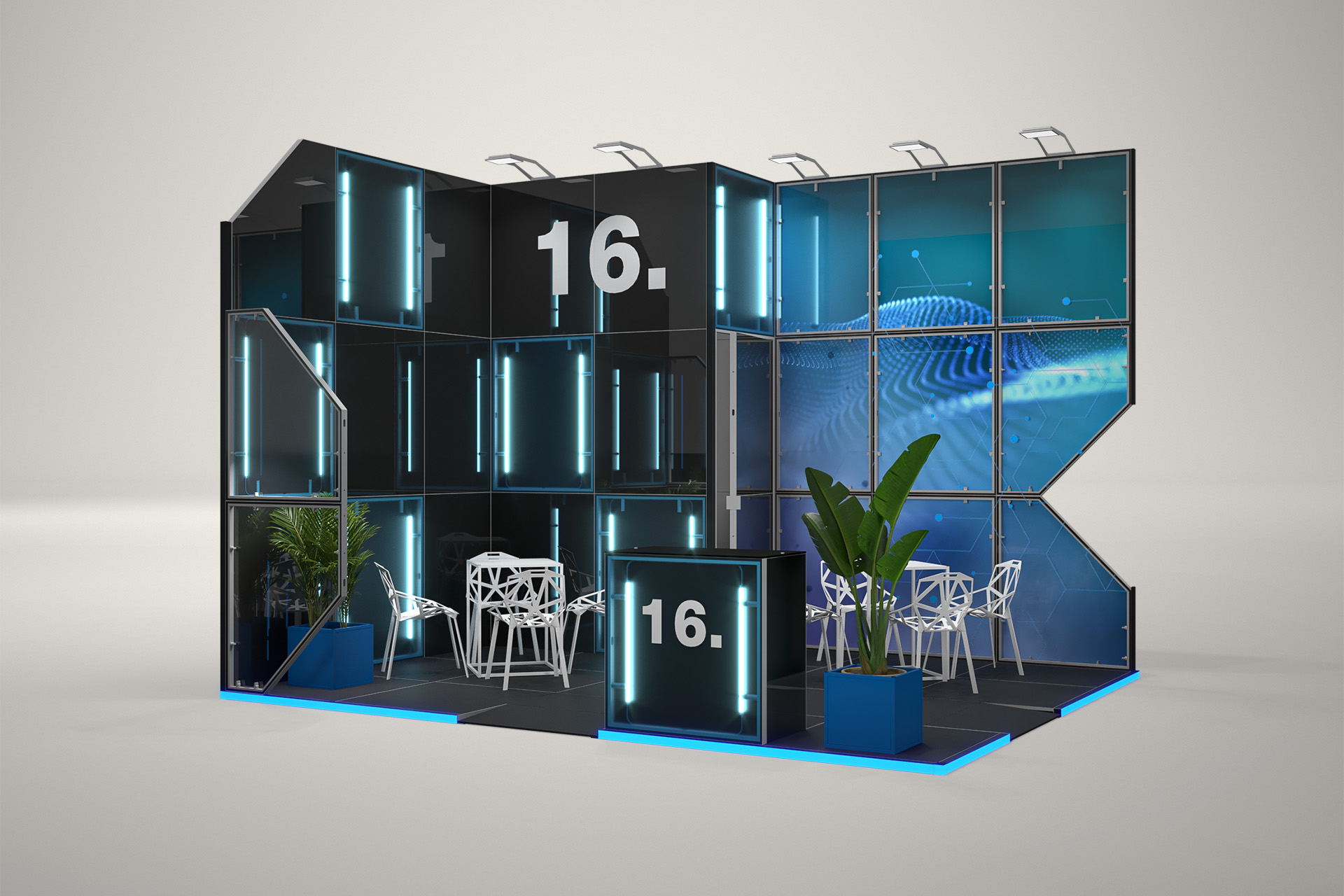 Stoisko targowe narożne 5x4m (20m²) – nowoczesna zabudowa narożna