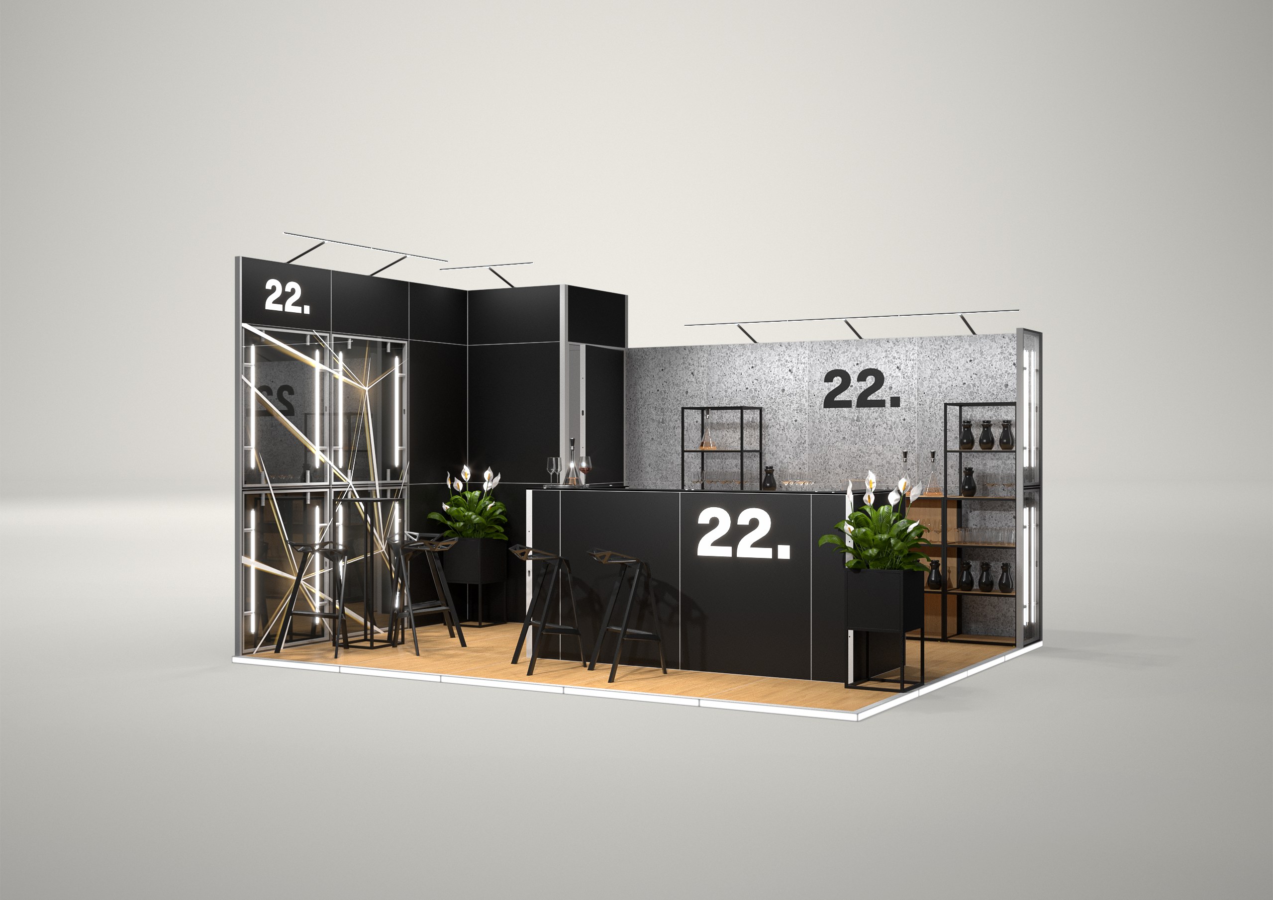 Stoisko targowe narożne 5x4m (20m²) – projekt z zabudową narożną