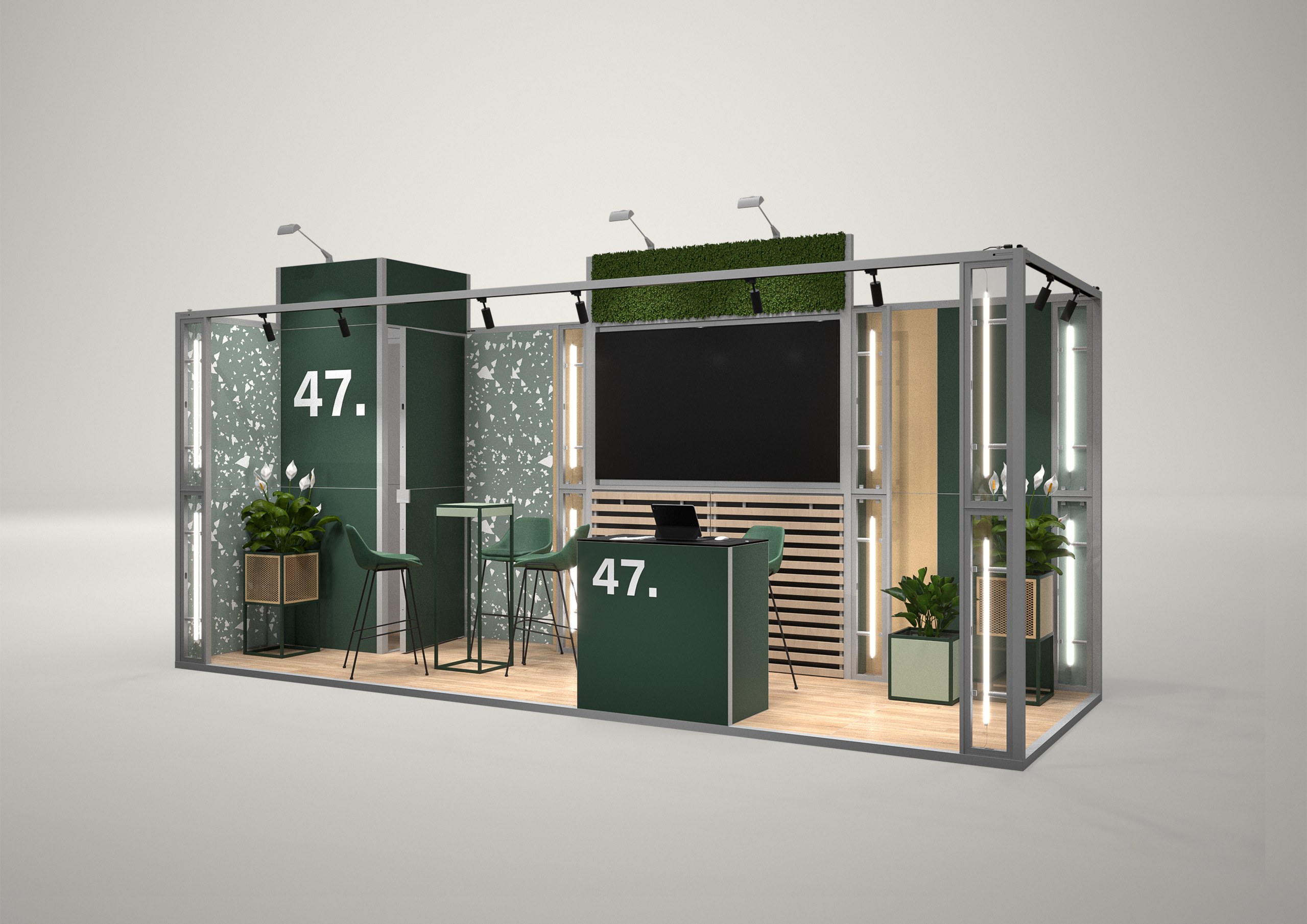 Stoisko targowe narożne 6x2m (12m²) – narożna zabudowa targowa z grafiką
