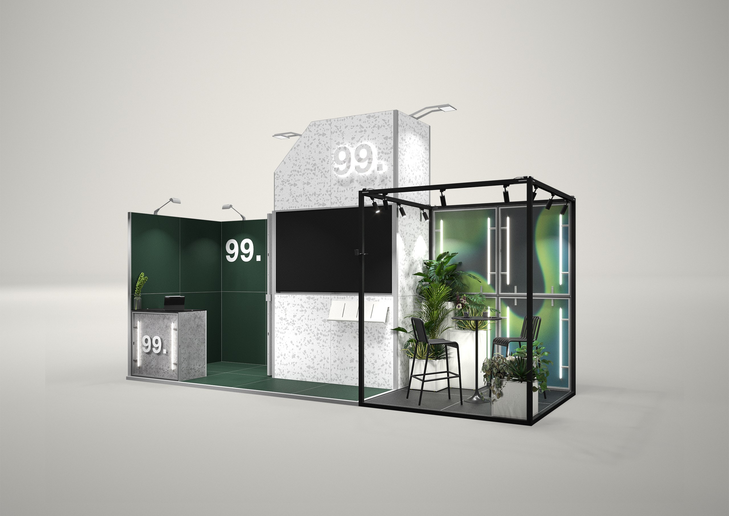 Stoisko targowe narożne 6x2m (12m²) – narożny projekt z ladą i zapleczem