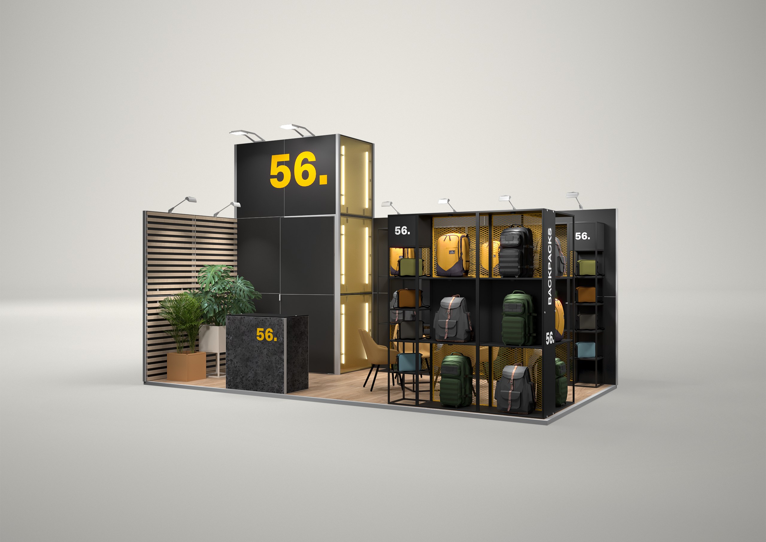 Stoisko targowe narożne 6x3m (18m²) – narożna zabudowa targowa z grafiką