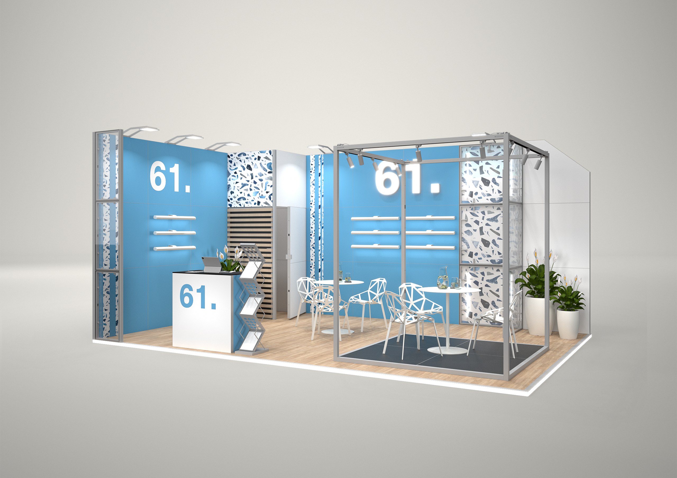 Stoisko targowe narożne 6x4m (24m²) – narożny projekt z ladą i zapleczem