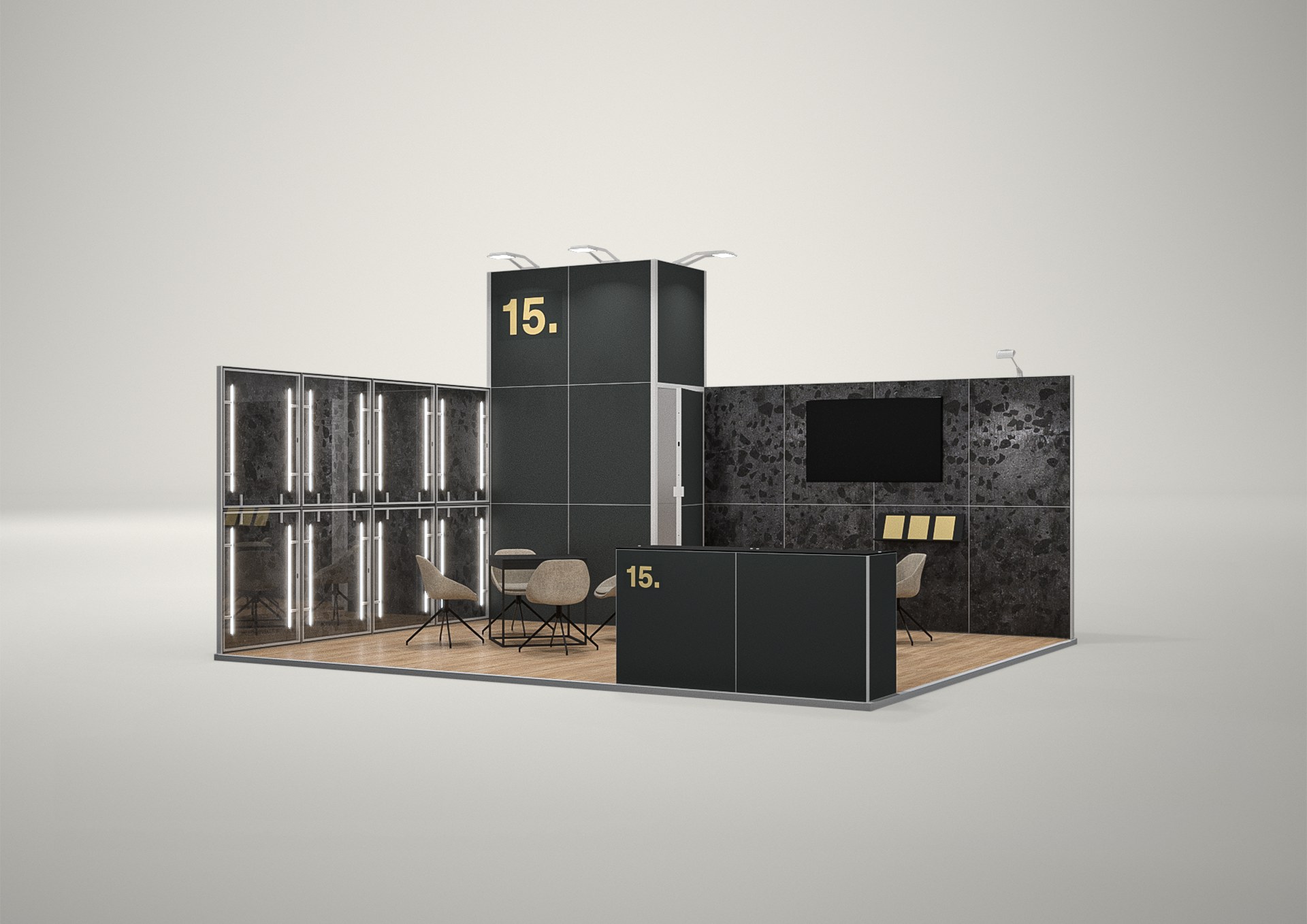 Stoisko targowe narożne 6x5m (30m²) – nowoczesna zabudowa narożna