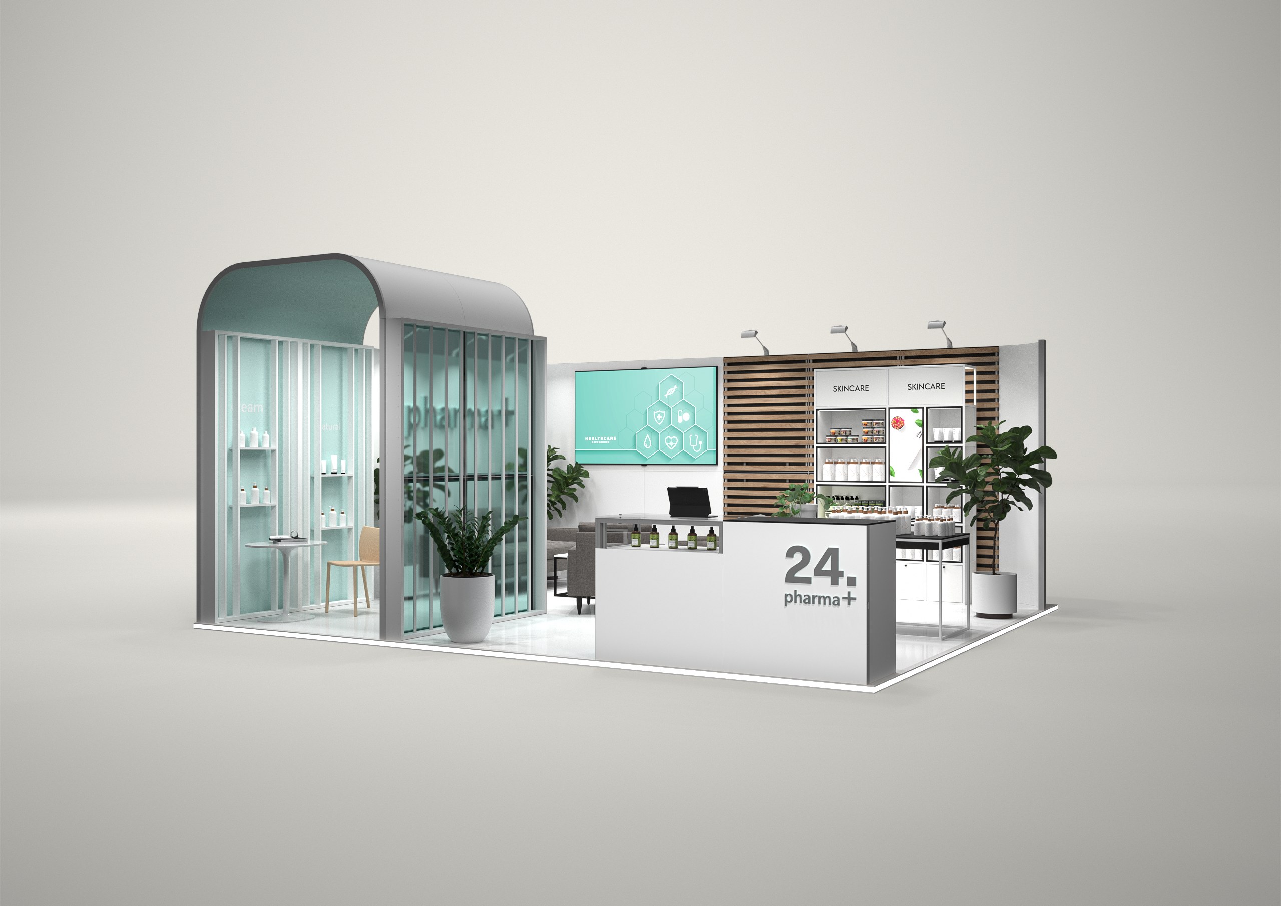 Stoisko targowe narożne 6x5m (30m²) – projekt z zabudową narożną