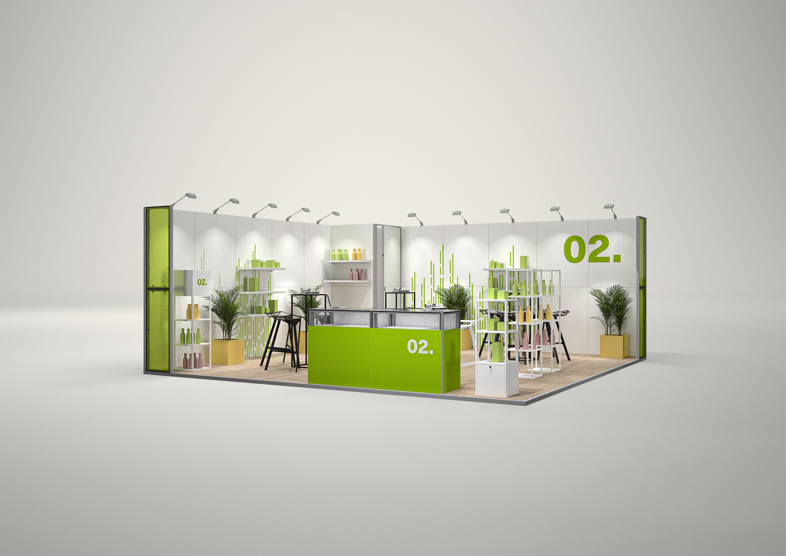 Stoisko targowe narożne 6x6m (36m²) – narożny projekt z ladą i zapleczem