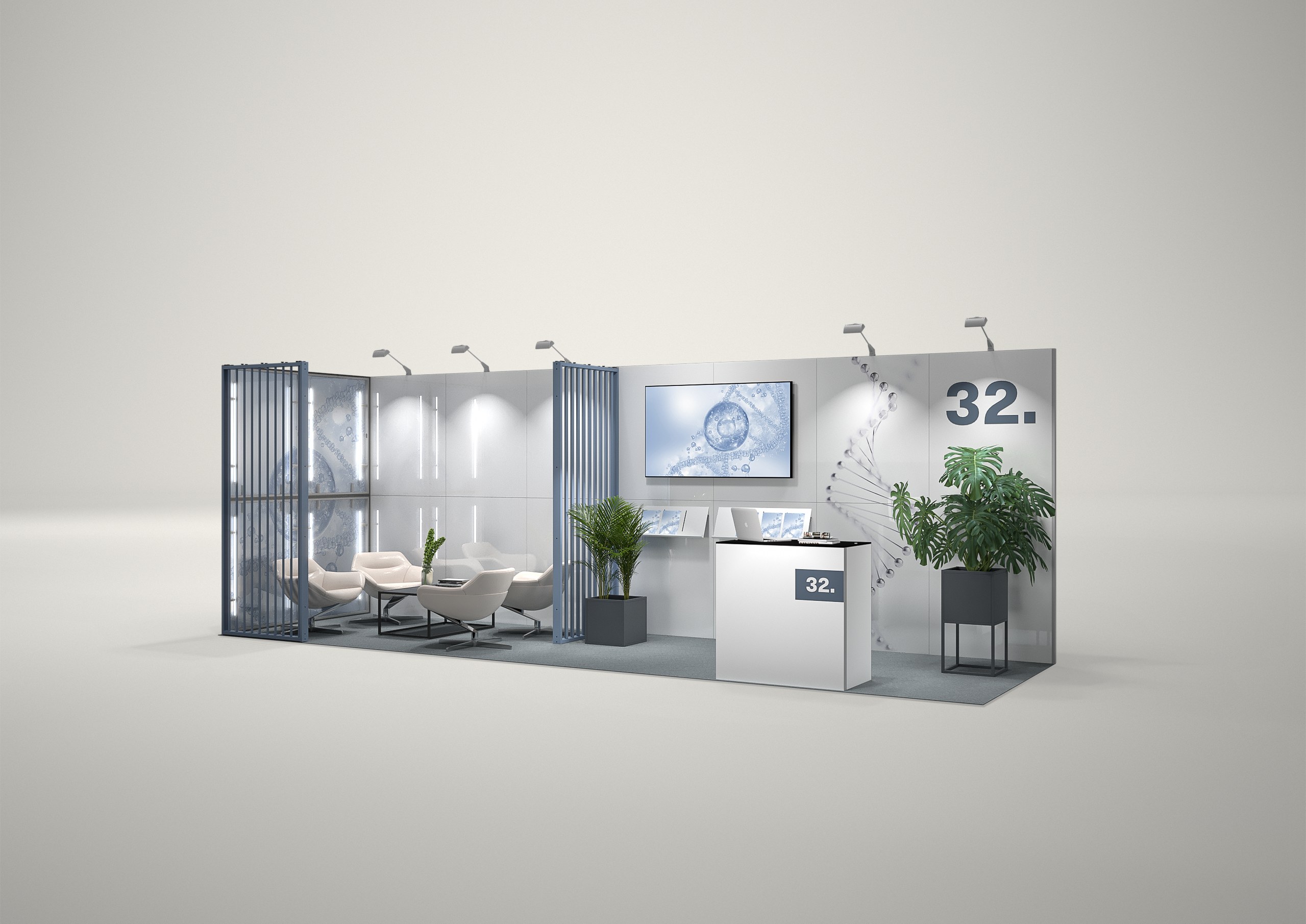 Stoisko targowe narożne 7x2m (14m²) – narożny projekt z ladą i zapleczem