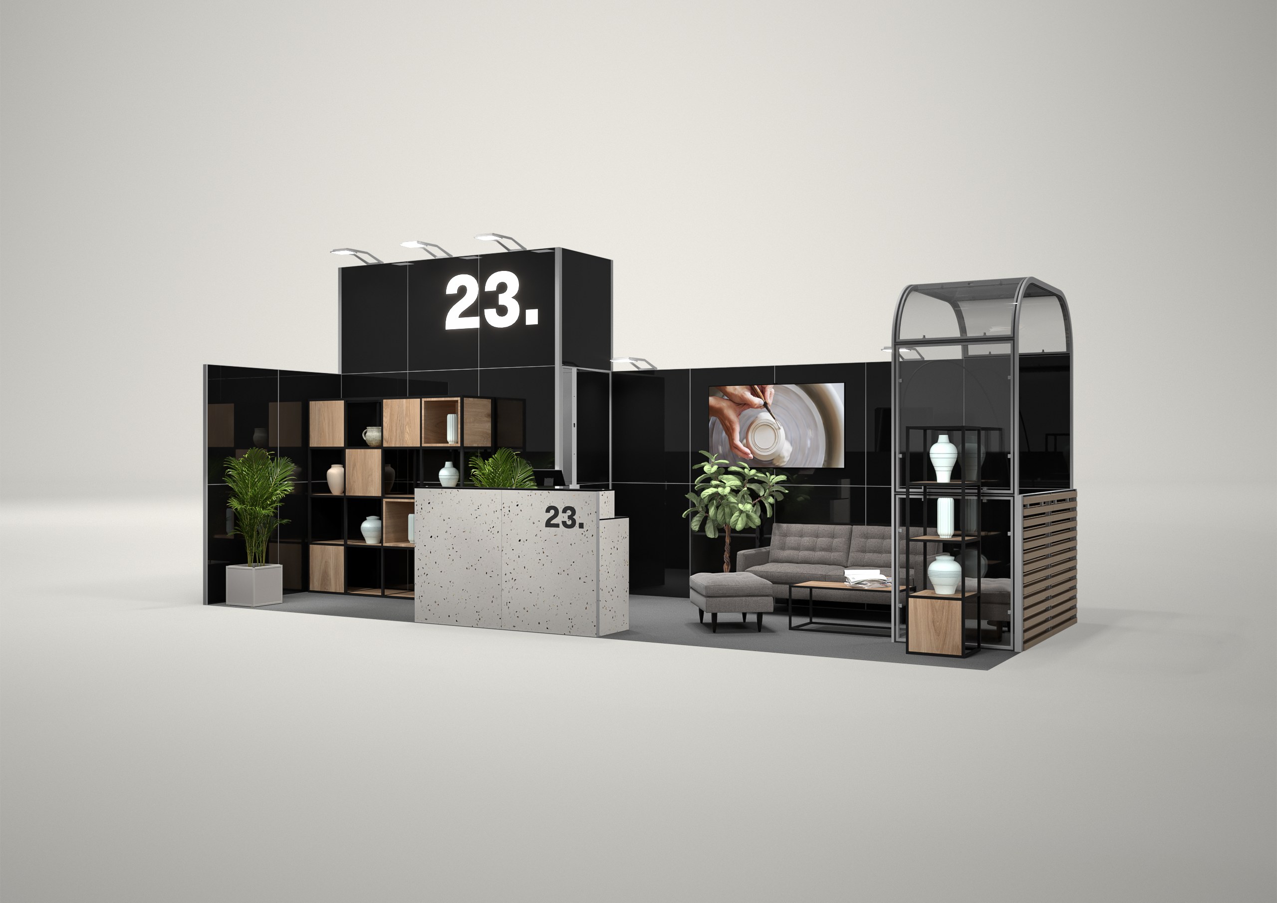 Stoisko targowe narożne 8x3m (24m²) – projekt z zabudową narożną