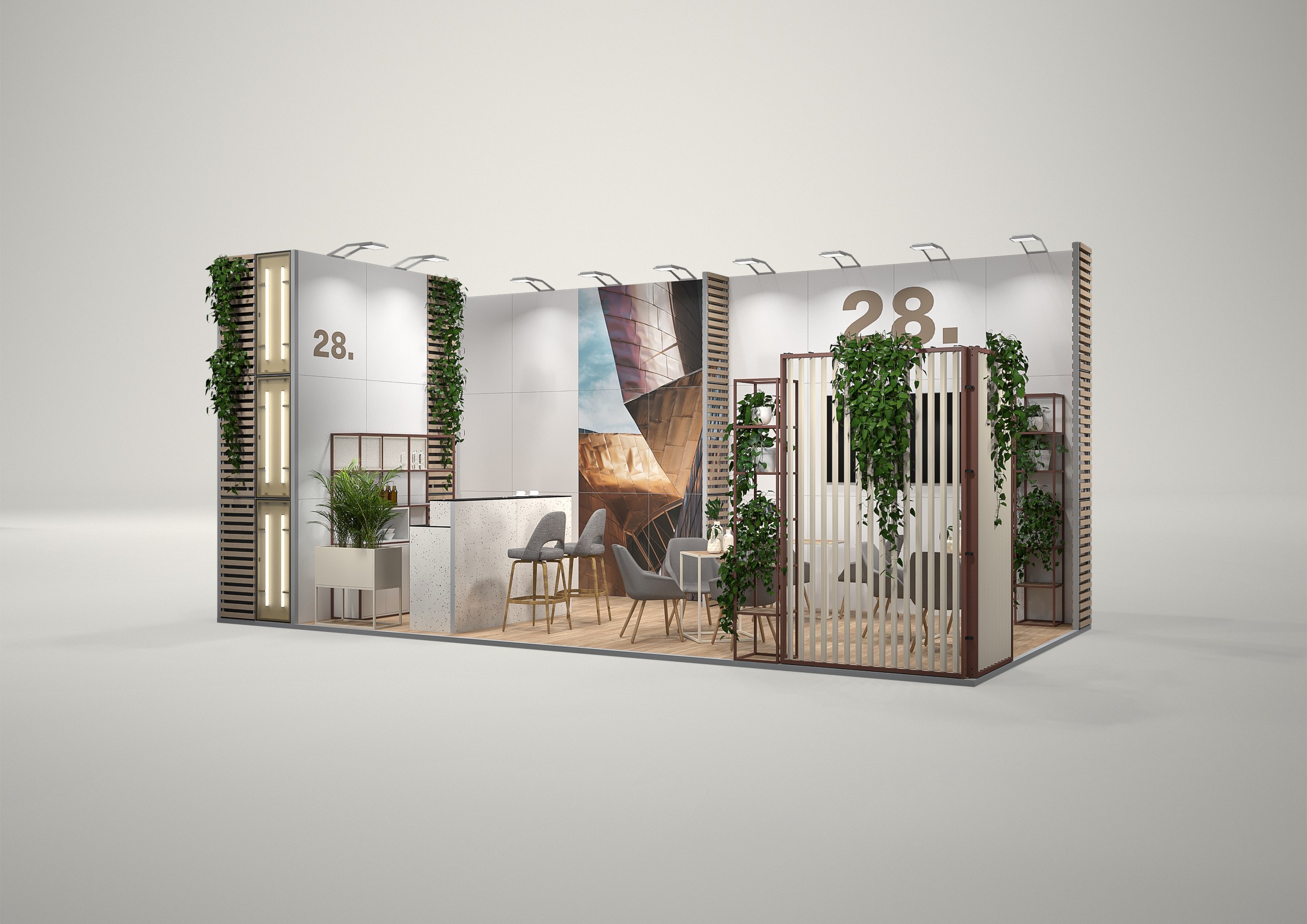 Stoisko targowe narożne 8x4m (32m²) – narożna zabudowa targowa z grafiką