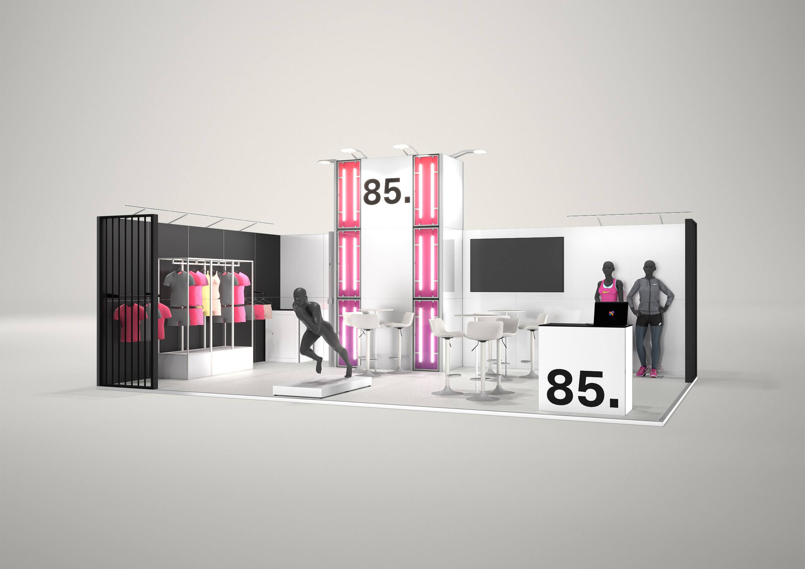 Stoisko targowe narożne 8x5m (40m²) – nowoczesna zabudowa narożna