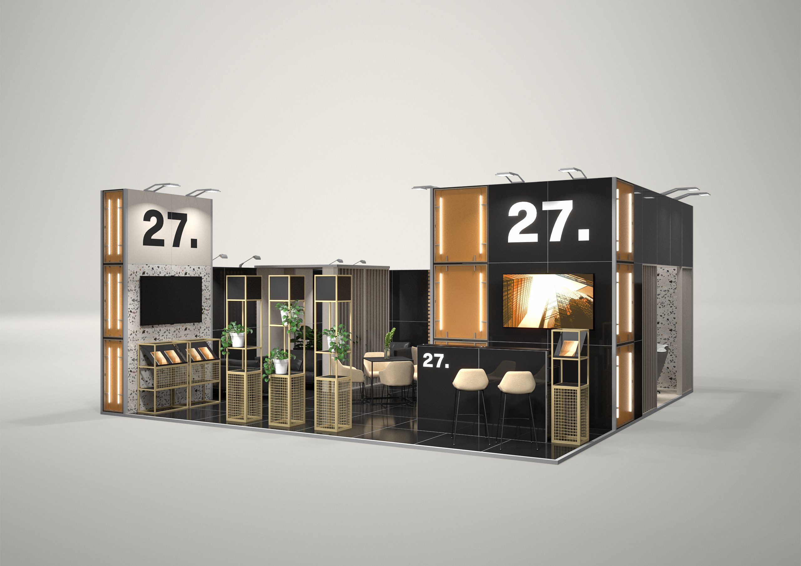 Stoisko targowe narożne 8x8m (64m²) – elegancka zabudowa narożna
