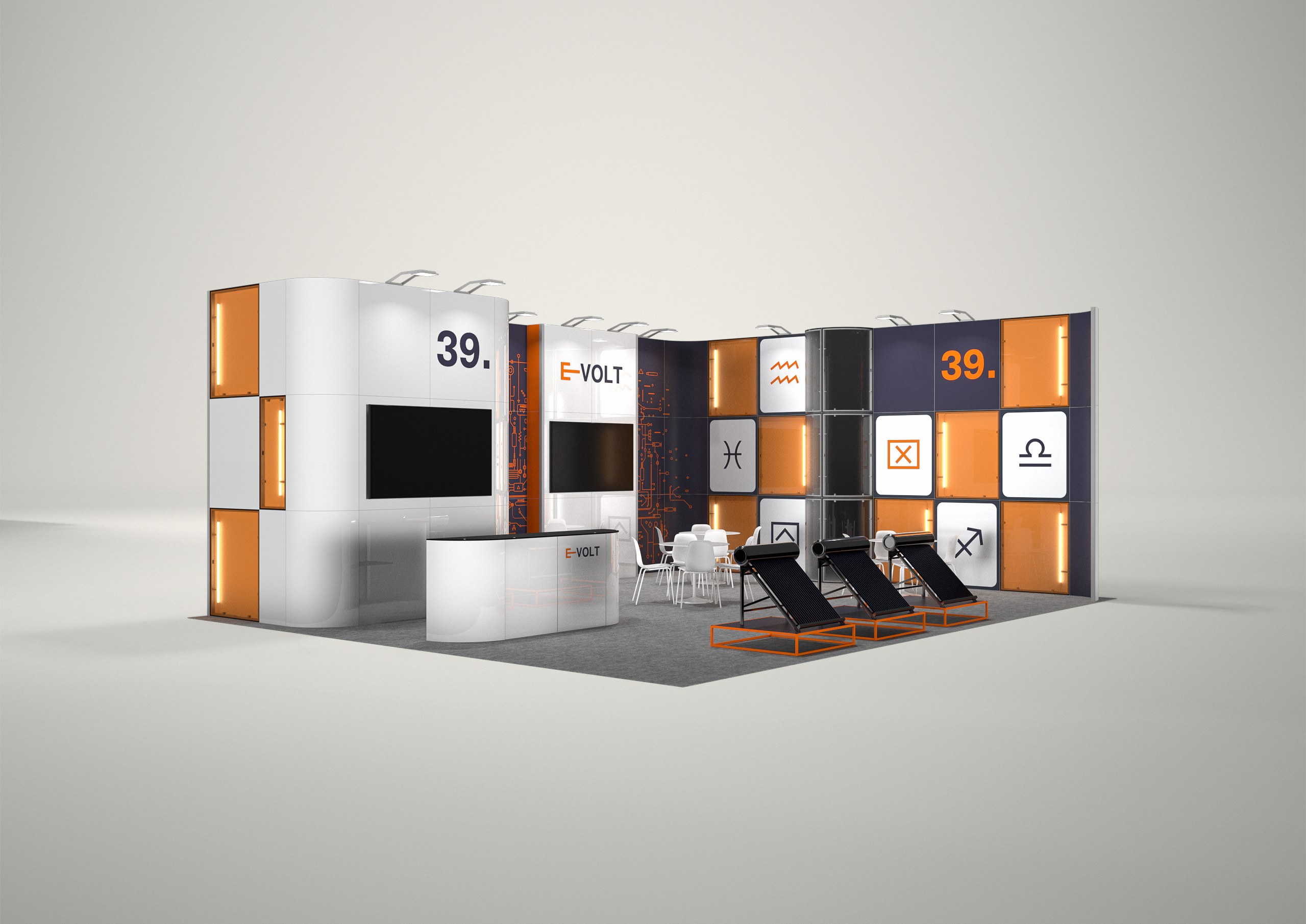 Stoisko targowe narożne 9x8m (72m²) – elegancka zabudowa narożna