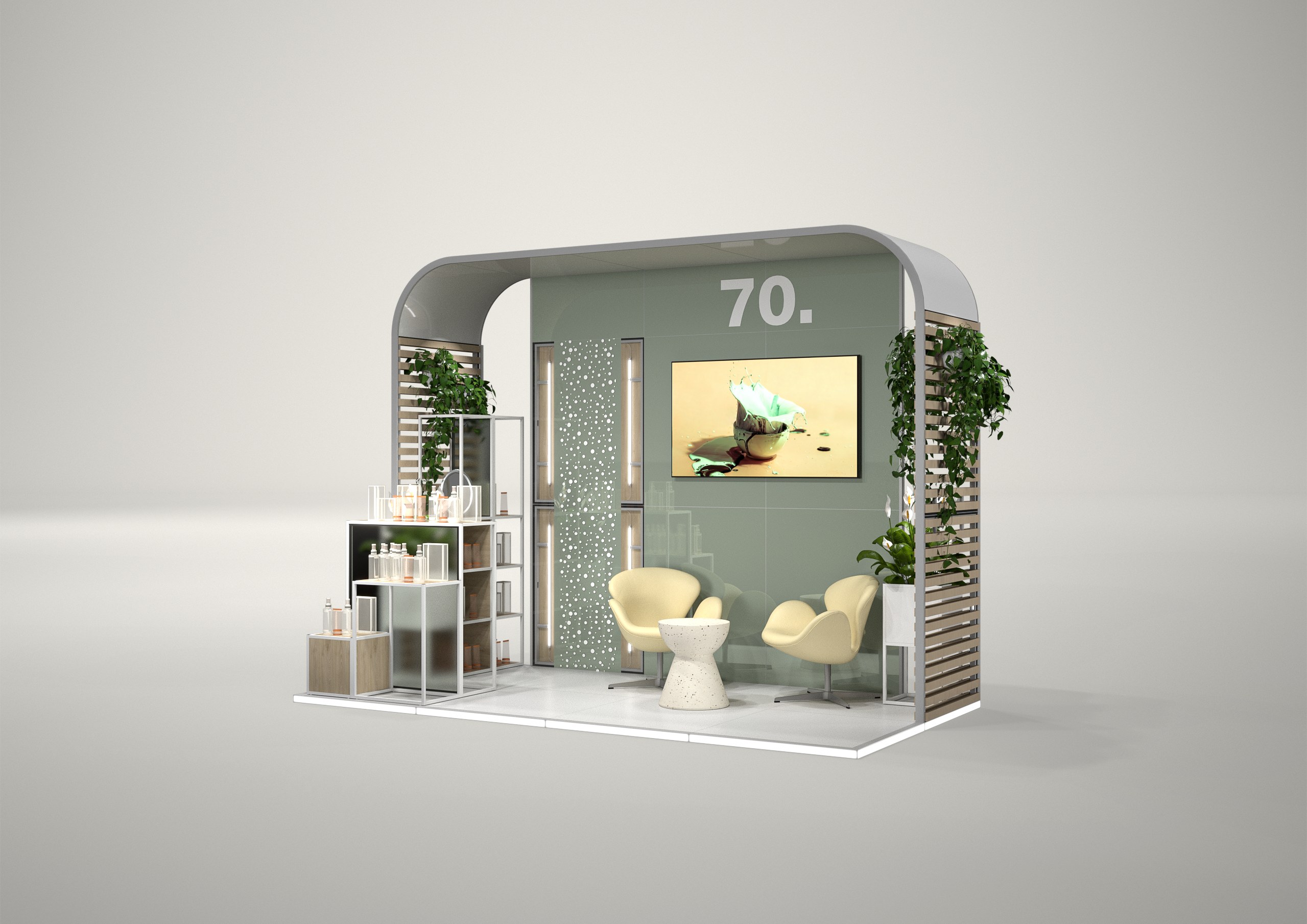 Stoisko targowe półwyspowe 4x2m (8m²) – otwarta zabudowa półwyspowa z grafiką