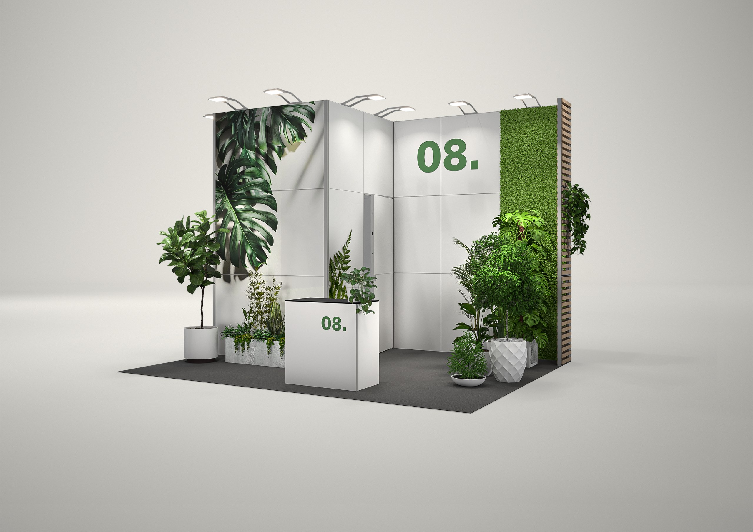 Stoisko targowe półwyspowe 5x4m (20m²) – półwyspowe stoisko otwarte z trzech stron