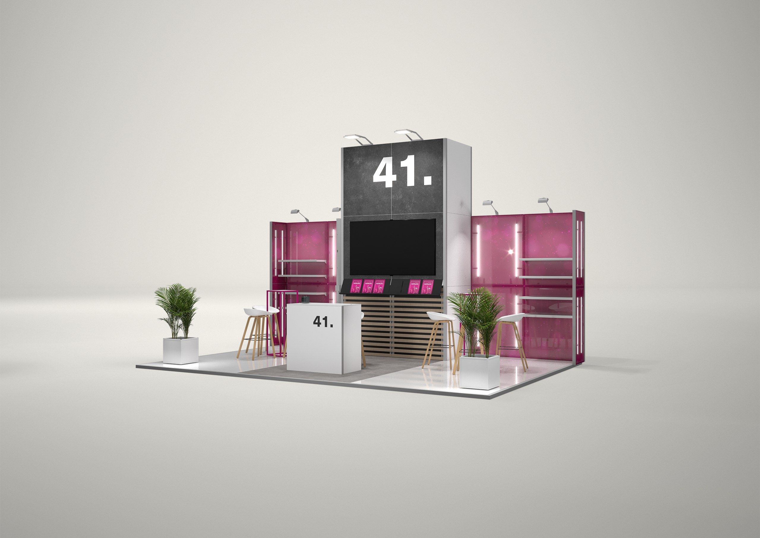 Stoisko targowe półwyspowe 6x4m (24m²) – otwarta zabudowa półwyspowa z grafiką