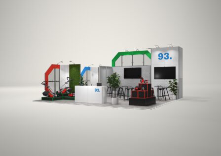 Stoisko targowe półwyspowe 8x7m (56m²) – otwarta zabudowa półwyspowa z grafiką
