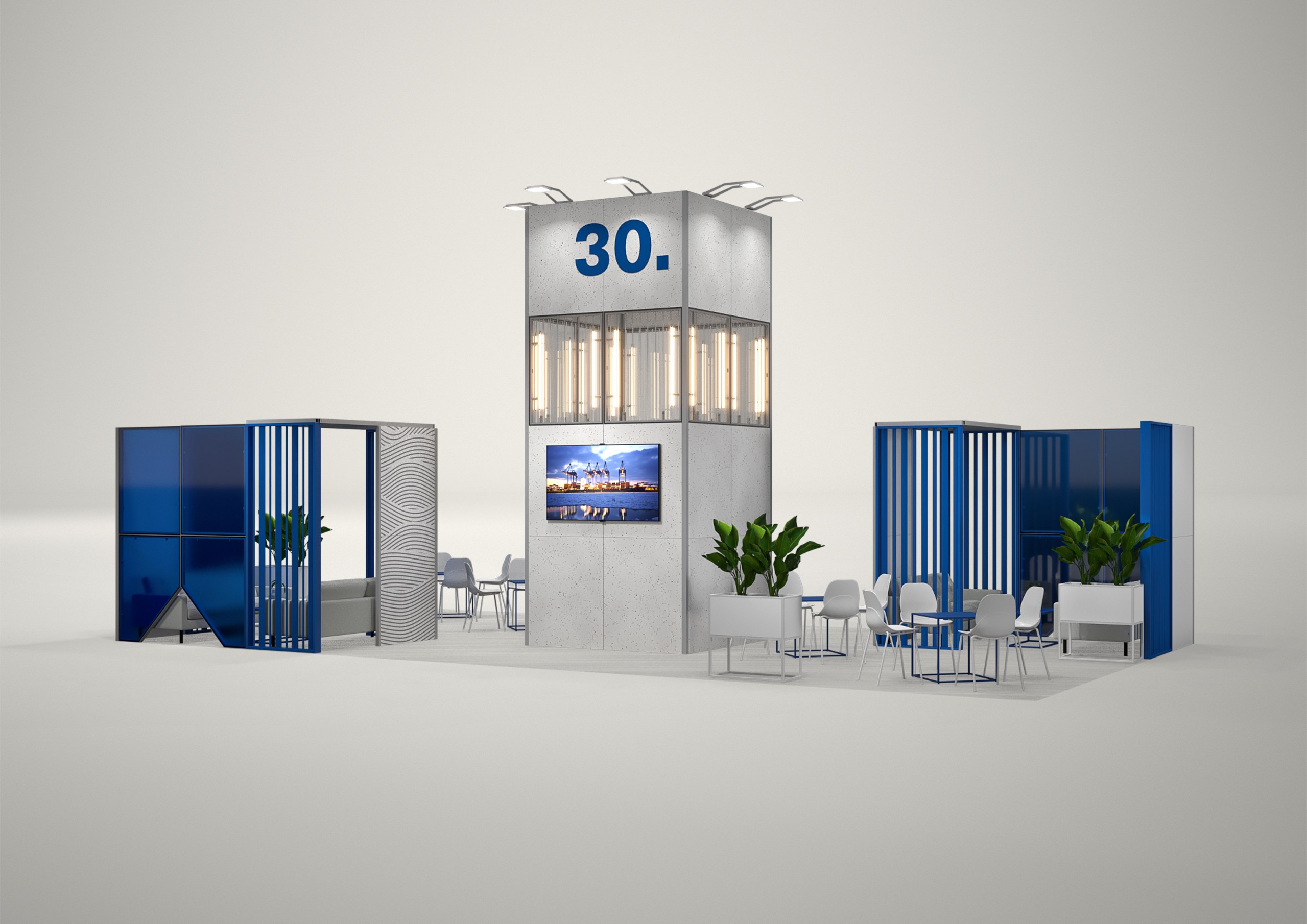 Stoisko targowe wyspowe 11x6m (66m²) – wyspowa zabudowa z przestrzenią konferencyjną