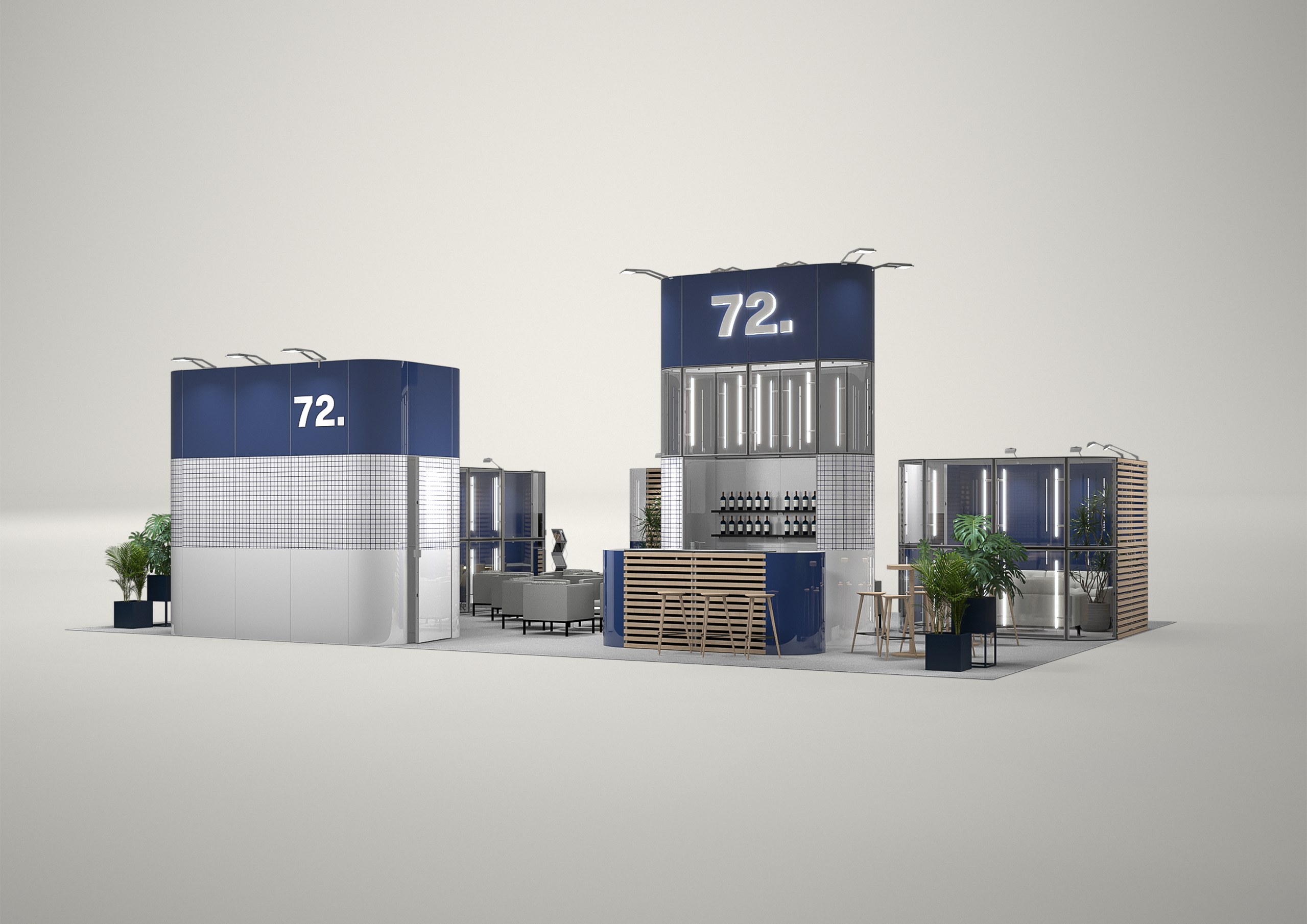 Stoisko targowe wyspowe 14x10m (140m²) – wyspowa zabudowa z przestrzenią konferencyjną