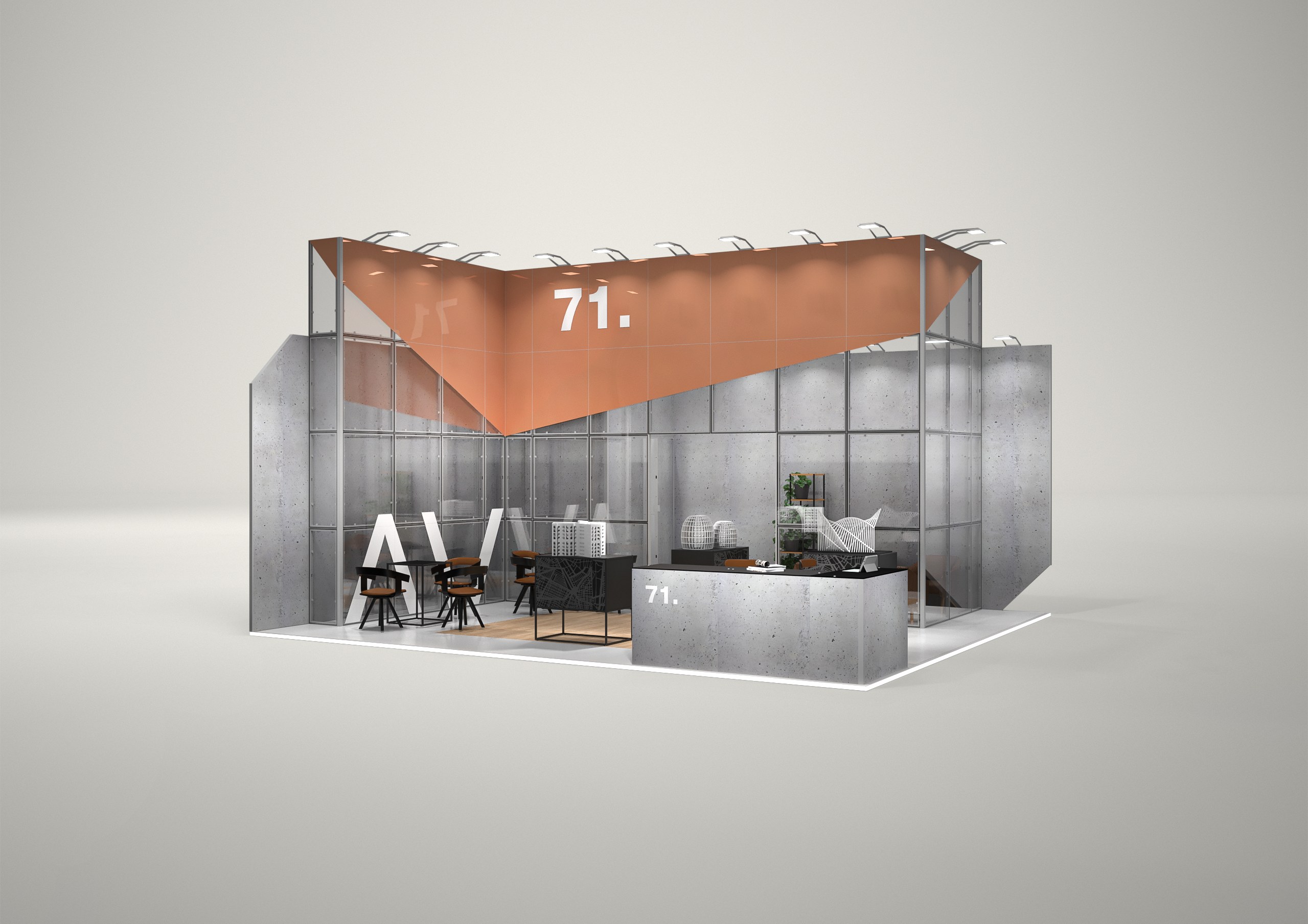 Stoisko targowe wyspowe 8x7m (56m²) – otwarta zabudowa wyspowa z grafiką